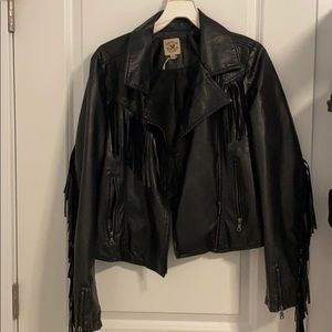Black leather jacket with fringe